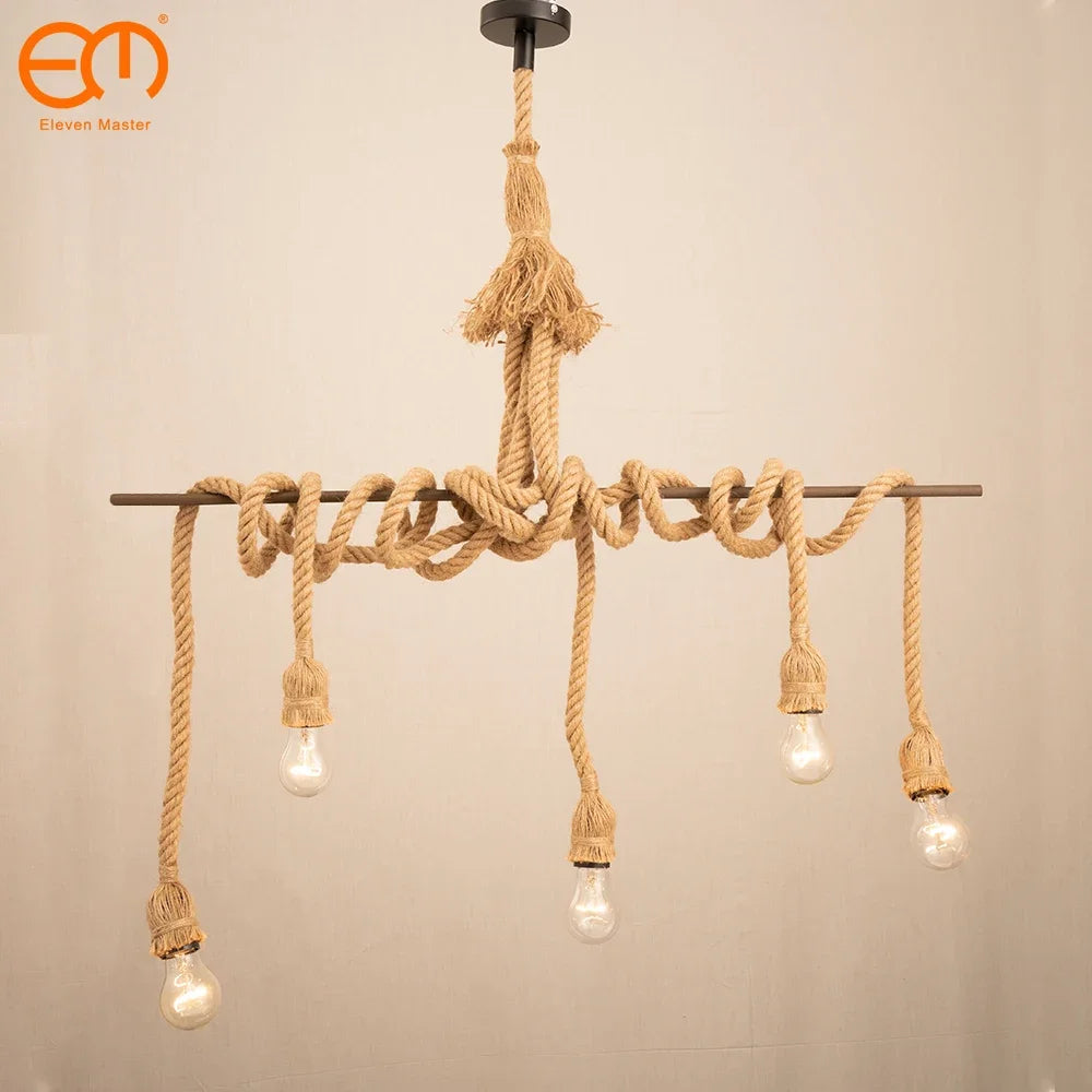 Vintage Hemp Rope Pendant Light - Retro Loft Industrial Hanging Lamp with Edison Bulb, Home Light Decoration